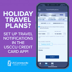 Traveling this holiday season? Use the USCCU Credit Card App to notify US!  — US Community Credit Union